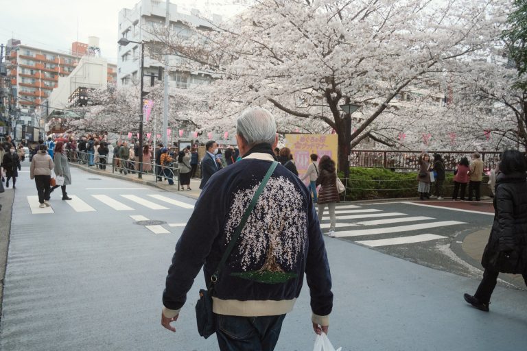 A man walks through a bustling street lined with blooming cherry blossom trees. He wears a jacket embroidered with a cherry blossom tree on the back, subtly echoing the scene around him. The background features a crowd enjoying the blossoms, pink lanterns strung among the trees, and urban buildings blending into the lively spring atmosphere.